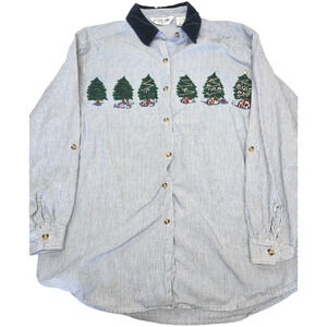 Victoria Jones Woman Christmas‎ Tree 18W Embroidered Blue Striped Long Sleeve